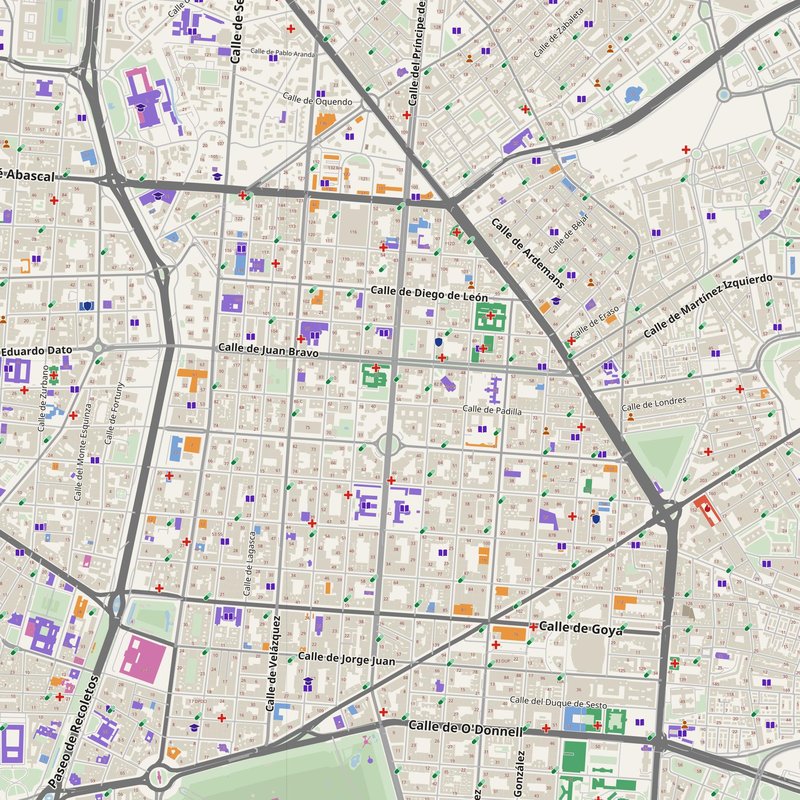 Ciudad Lineal map with house numbers, hospitals, police and fire stations — printable PDF, Spain