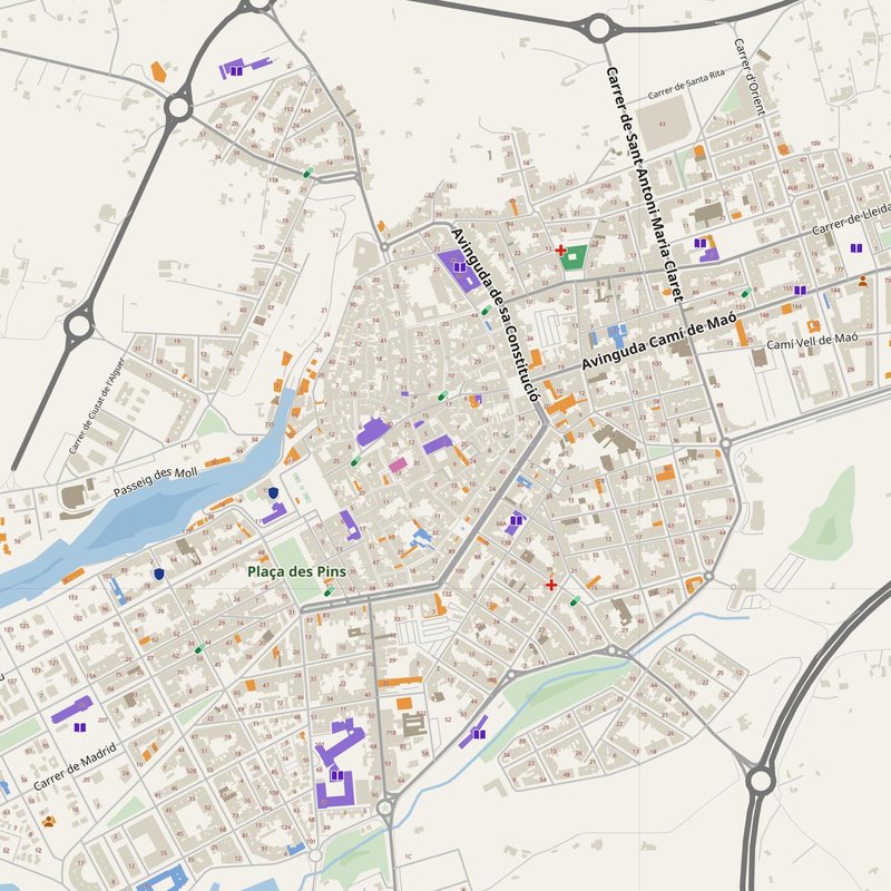 Ciutadella map with house numbers, hospitals, police and fire stations — printable PDF, Spain