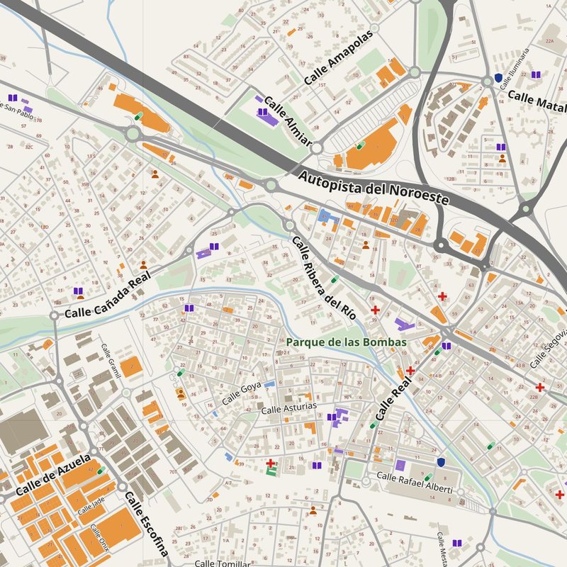 Collado-Villalba map with house numbers, hospitals, police and fire stations — printable PDF, Spain