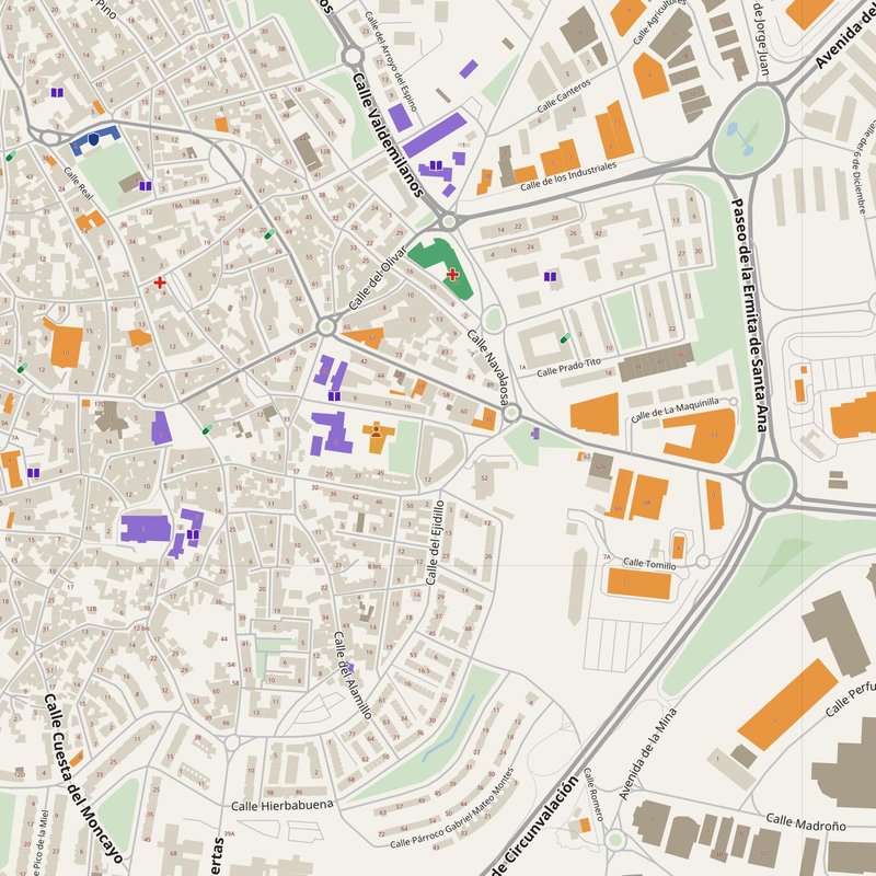 Colmenar Viejo map with house numbers, hospitals, police and fire stations — printable PDF, Spain