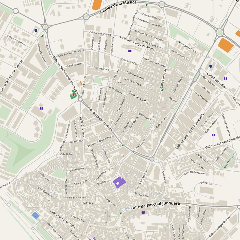Conil de la Frontera map with house numbers, hospitals, police and fire stations — printable PDF, Spain