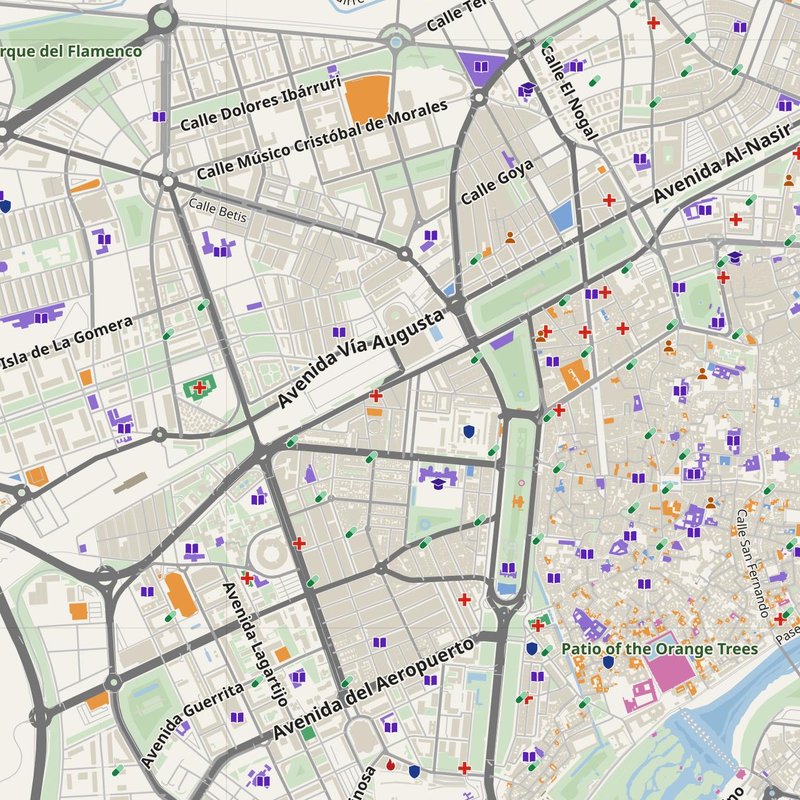 Córdoba map with house numbers, hospitals, police and fire stations — printable PDF, Spain