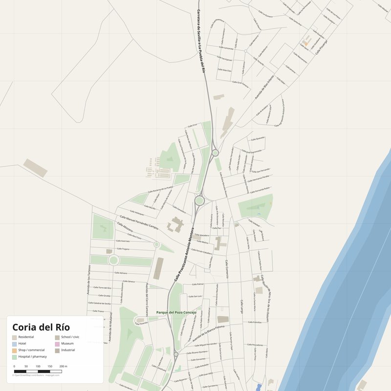 Coria del Río Map PDF — Printable Street Map Poster with House Numbers