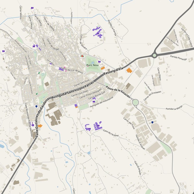 Crevillente map with house numbers, hospitals, police and fire stations — printable PDF, Spain