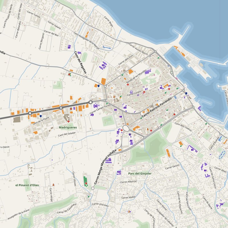 Denia map with house numbers, hospitals, police and fire stations — printable PDF, Spain