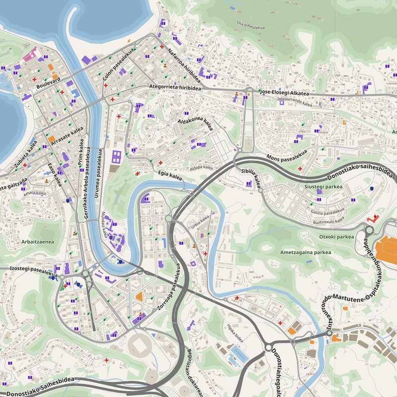 Donostia / San Sebastián map with house numbers, hospitals, police and fire stations — printable PDF, Spain