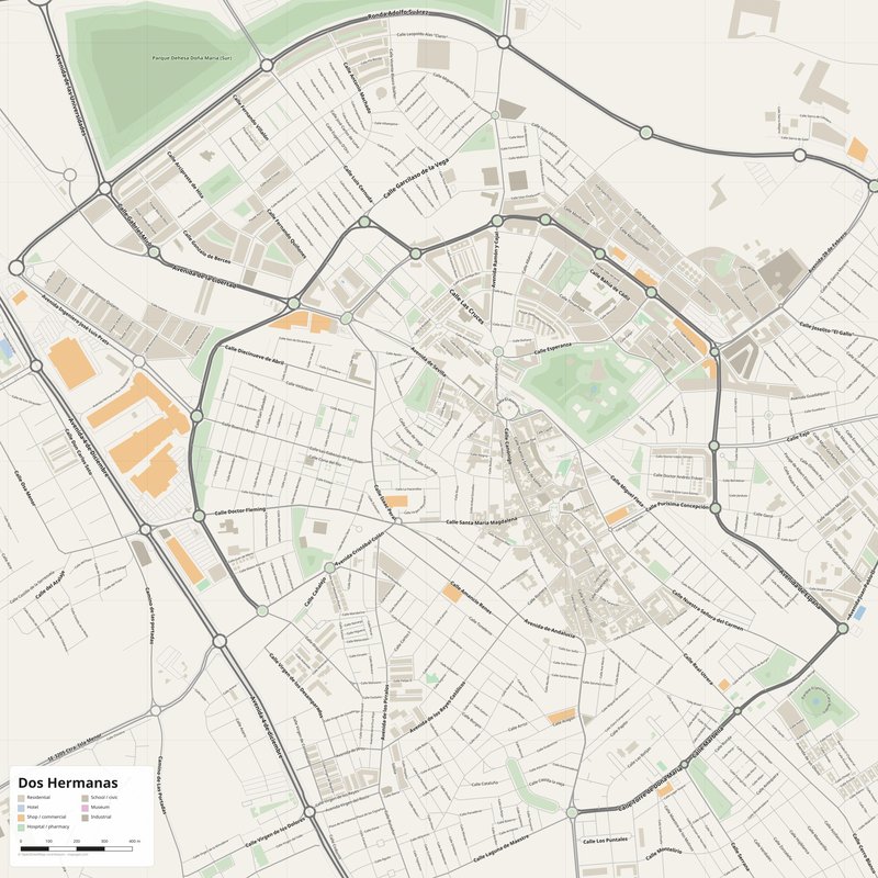 Dos Hermanas Map PDF — Printable Street Map Poster with House Numbers