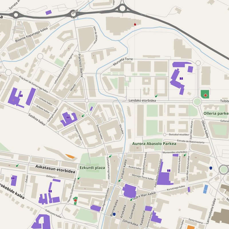 Durango map with house numbers, hospitals, police and fire stations — printable PDF, Spain