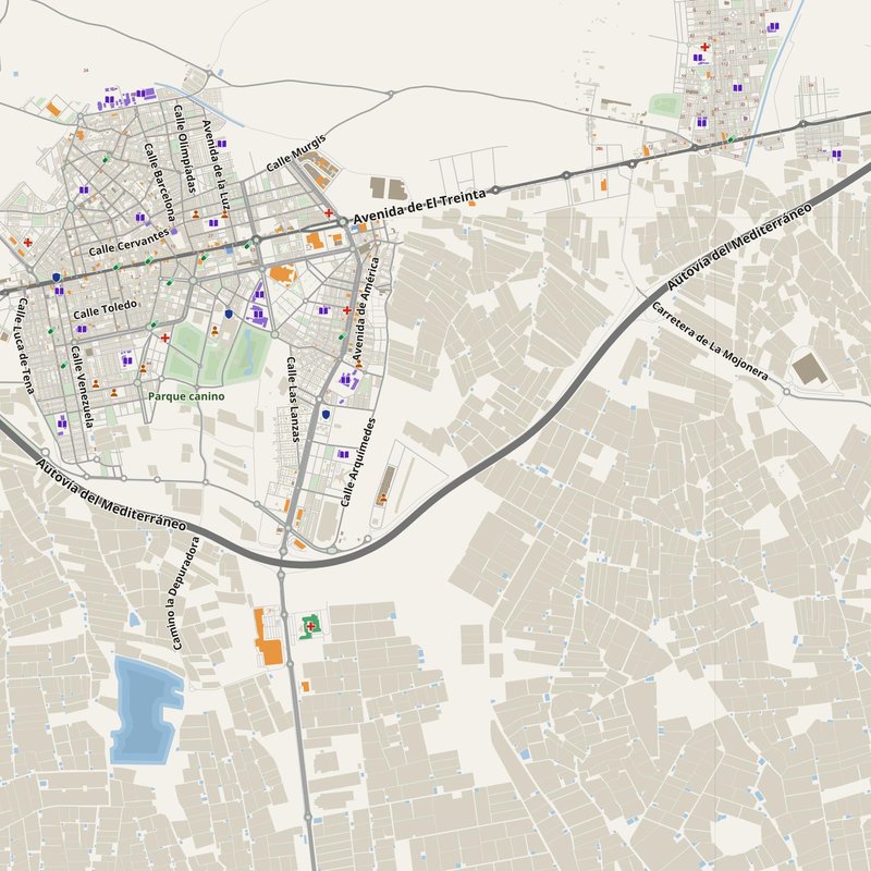 El Ejido map with house numbers, hospitals, police and fire stations — printable PDF, Spain