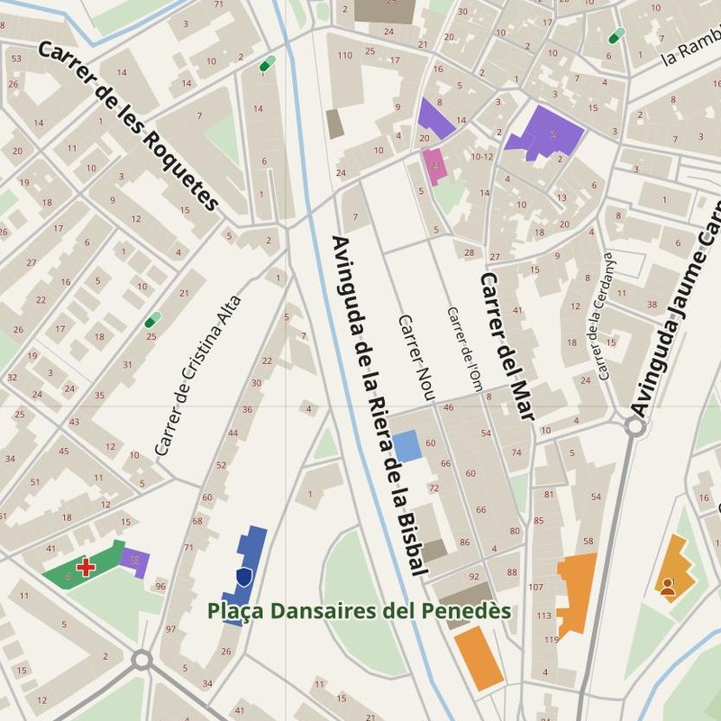 El Vendrell map with house numbers, hospitals, police and fire stations — printable PDF, Spain