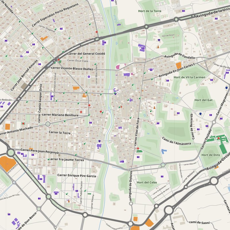 Elche map with house numbers, hospitals, police and fire stations — printable PDF, Spain