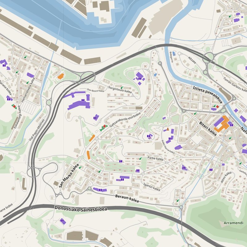 Errenteria map with house numbers, hospitals, police and fire stations — printable PDF, Spain