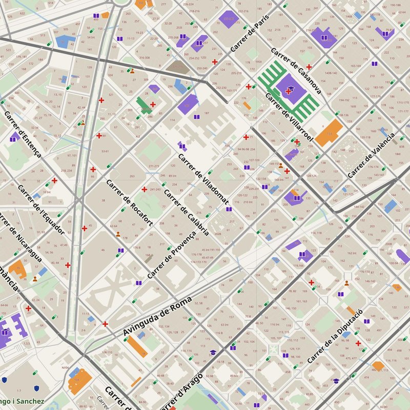 Esplugues de Llobregat map with house numbers, hospitals, police and fire stations — printable PDF, Spain