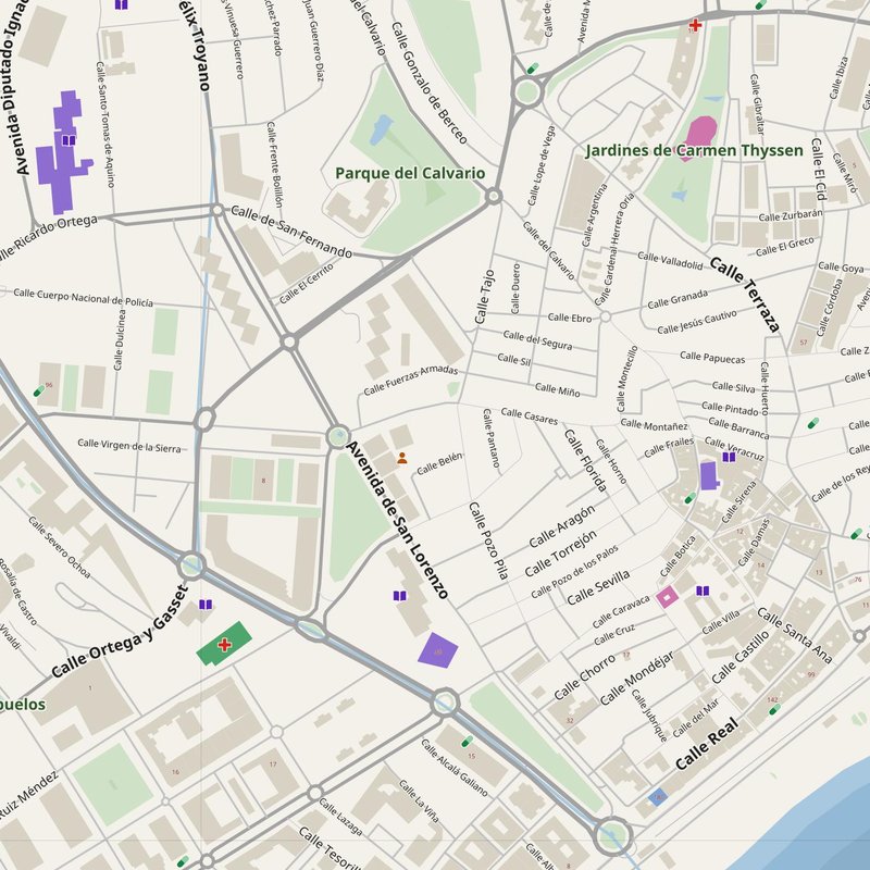 Estepona map with house numbers, hospitals, police and fire stations — printable PDF, Spain