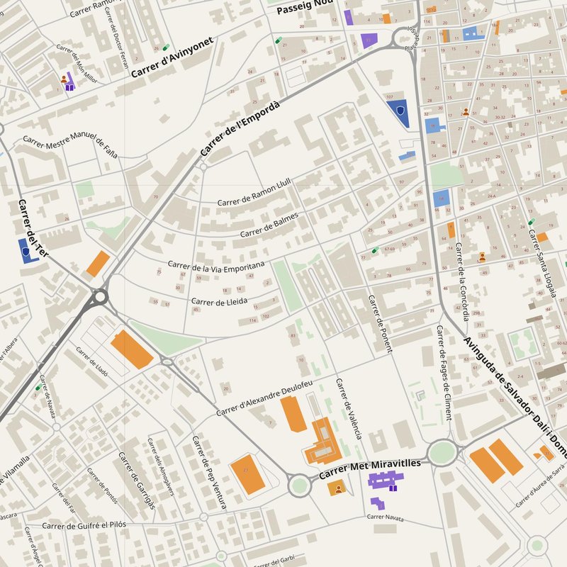 Figueres map with house numbers, hospitals, police and fire stations — printable PDF, Spain