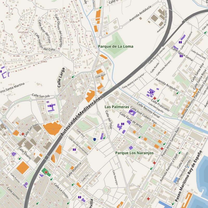 Fuengirola map with house numbers, hospitals, police and fire stations — printable PDF, Spain