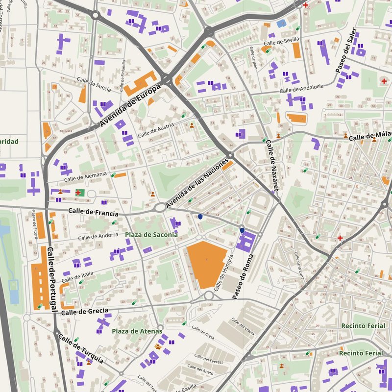Fuenlabrada map with house numbers, hospitals, police and fire stations — printable PDF, Spain