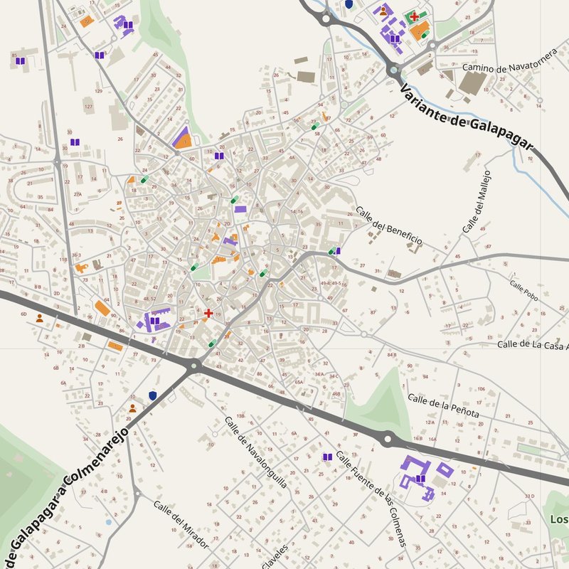 Galapagar map with house numbers, hospitals, police and fire stations — printable PDF, Spain