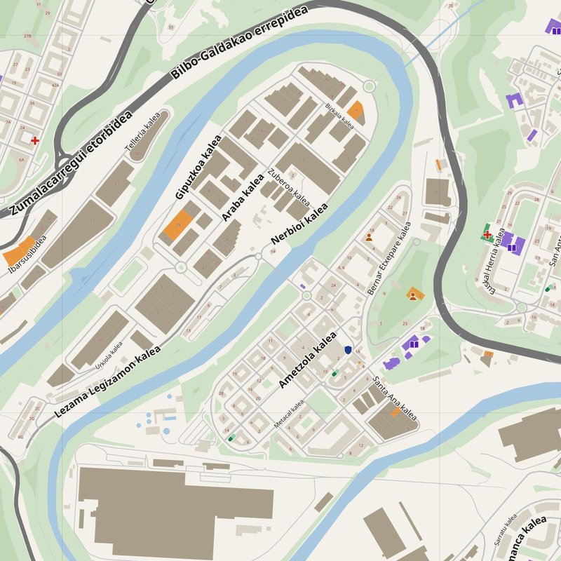 Galdakao map with house numbers, hospitals, police and fire stations — printable PDF, Spain