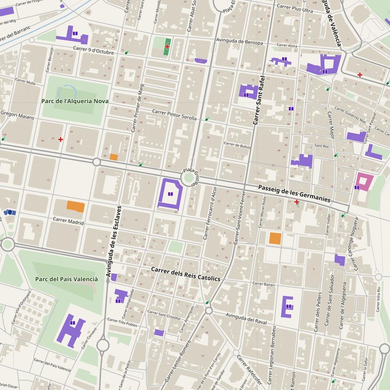 Gandia map with house numbers, hospitals, police and fire stations — printable PDF, Spain