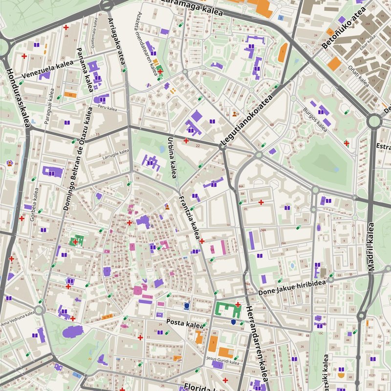 Gasteiz / Vitoria map with house numbers, hospitals, police and fire stations — printable PDF, Spain