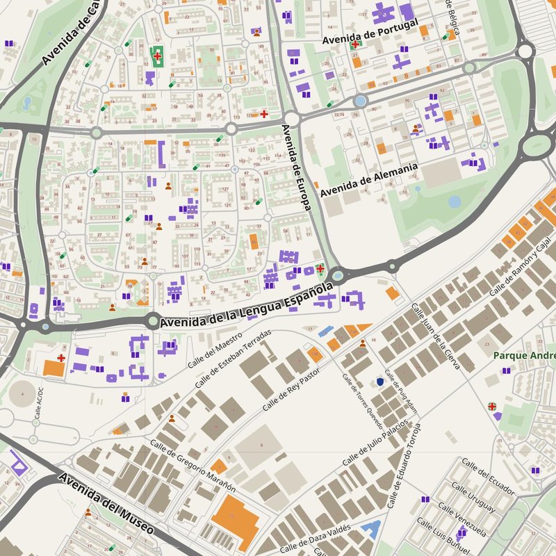 Getafe map with house numbers, hospitals, police and fire stations — printable PDF, Spain