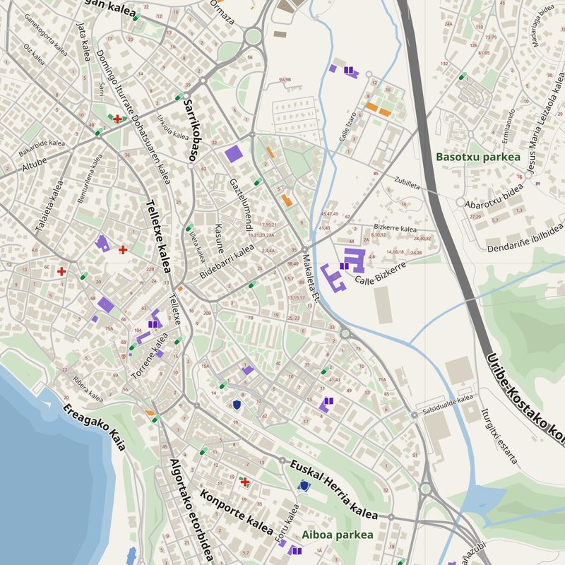Getxo map with house numbers, hospitals, police and fire stations — printable PDF, Spain