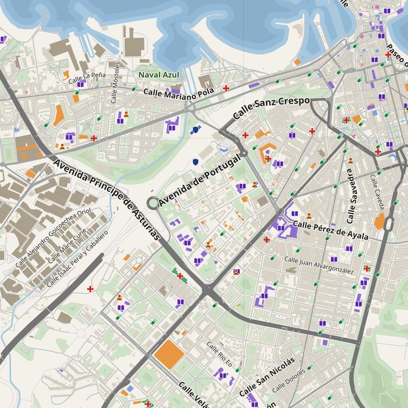 Gijón map with house numbers, hospitals, police and fire stations — printable PDF, Spain