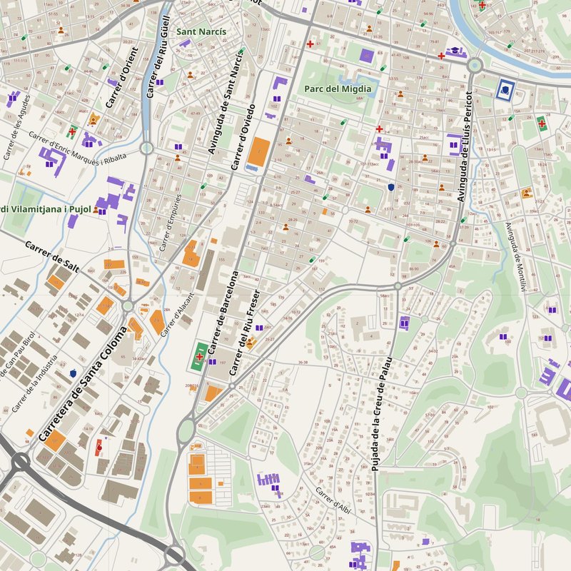 Girona map with house numbers, hospitals, police and fire stations — printable PDF, Spain