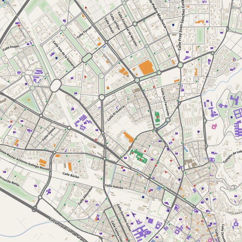 Granada map with house numbers, hospitals, police and fire stations — printable PDF, Spain