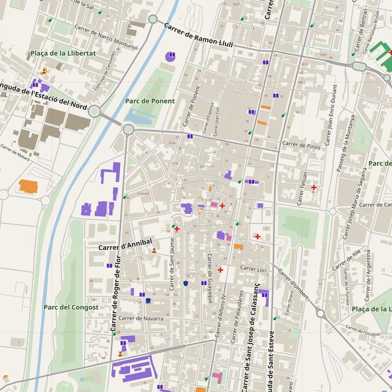 Granollers map with house numbers, hospitals, police and fire stations — printable PDF, Spain