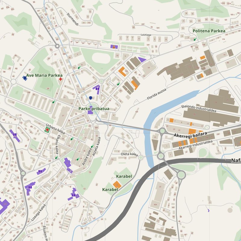 Hernani map with house numbers, hospitals, police and fire stations — printable PDF, Spain