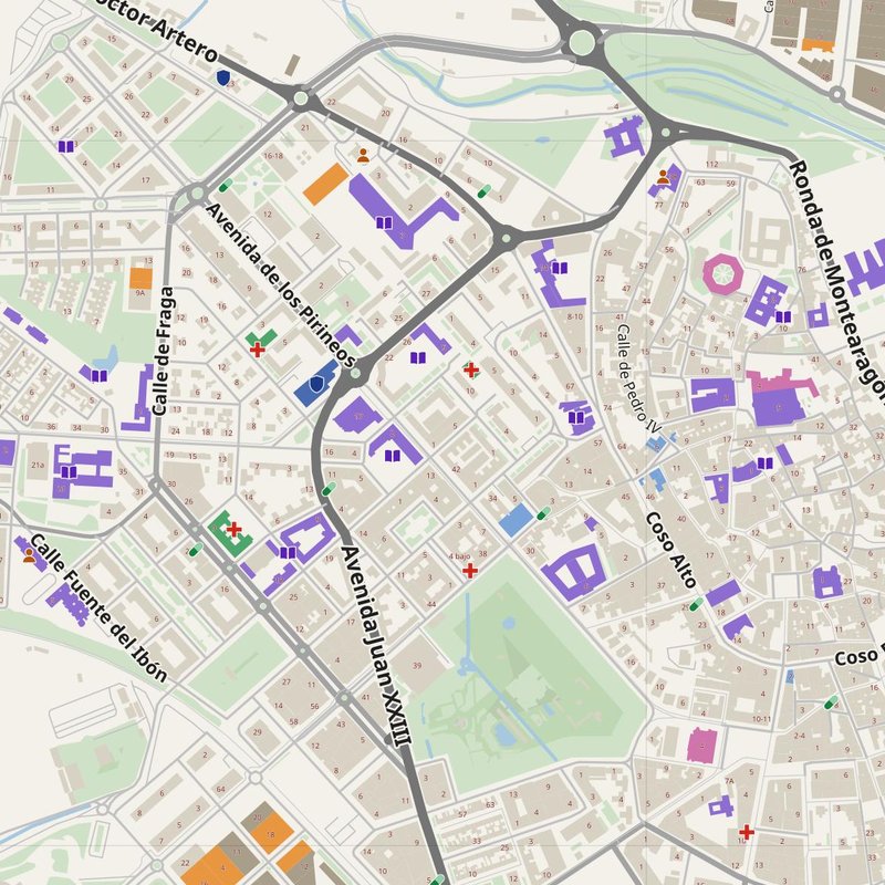 Huesca map with house numbers, hospitals, police and fire stations — printable PDF, Spain