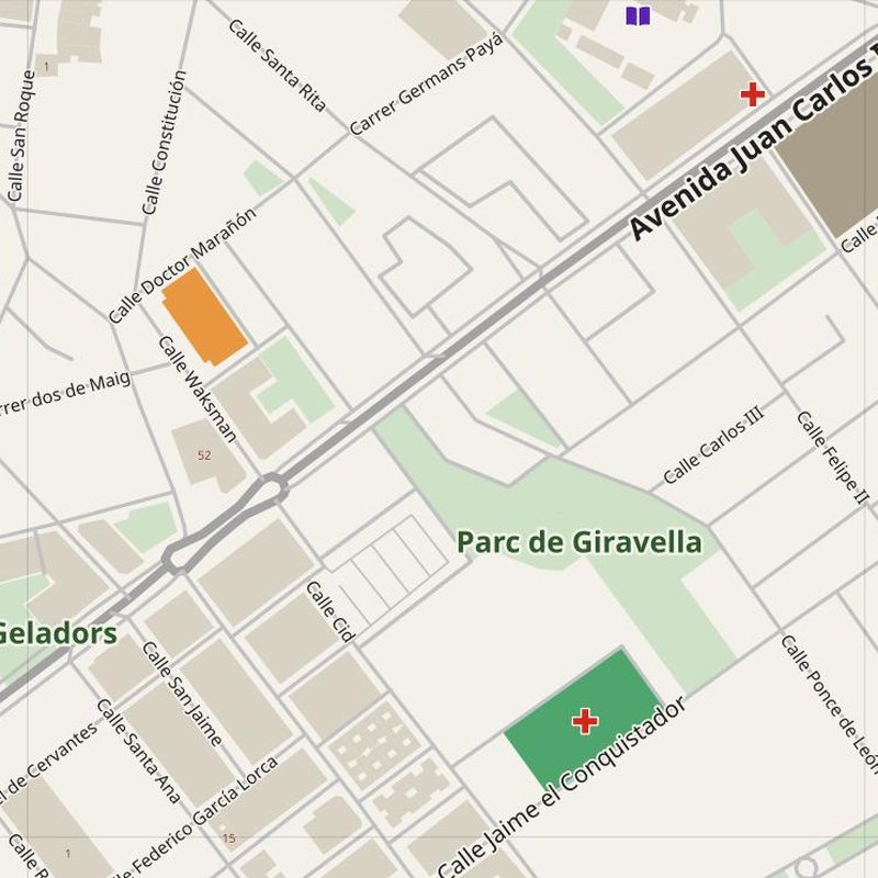Ibi map with house numbers, hospitals, police and fire stations — printable PDF, Spain
