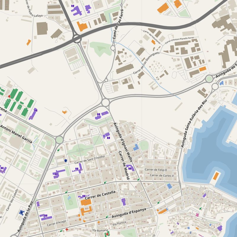 Ibiza map with house numbers, hospitals, police and fire stations — printable PDF, Spain