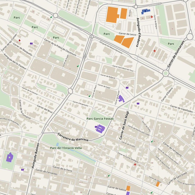 Igualada map with house numbers, hospitals, police and fire stations — printable PDF, Spain