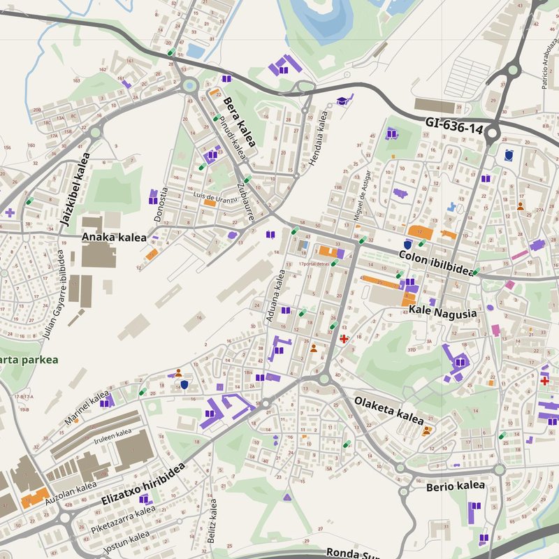 Irun map with house numbers, hospitals, police and fire stations — printable PDF, Spain