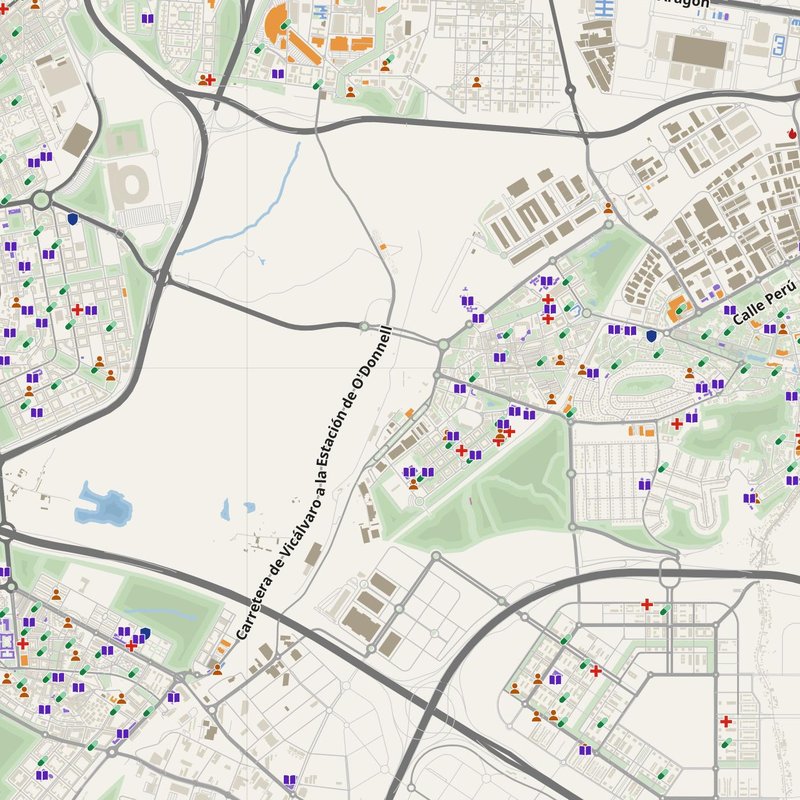 Madrid map with house numbers, hospitals, police and fire stations — printable PDF, Spain