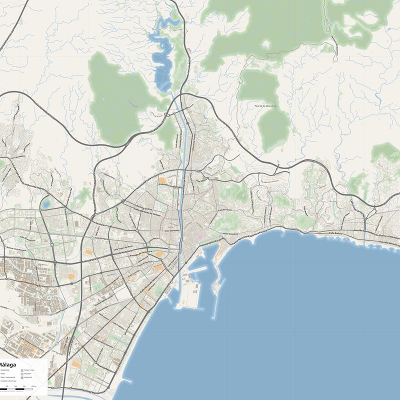 Málaga Map PDF — Printable Street Map Poster with House Numbers