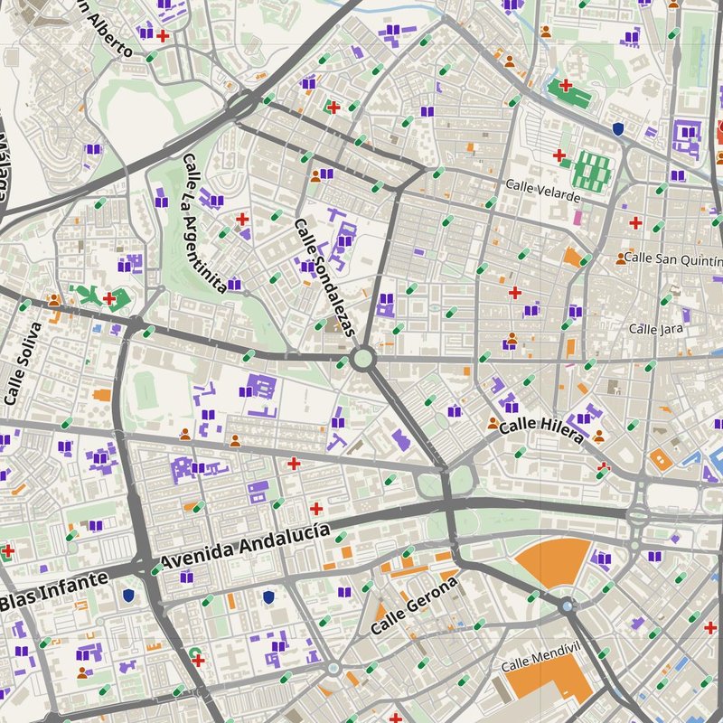 Málaga map with house numbers, hospitals, police and fire stations — printable PDF, Spain