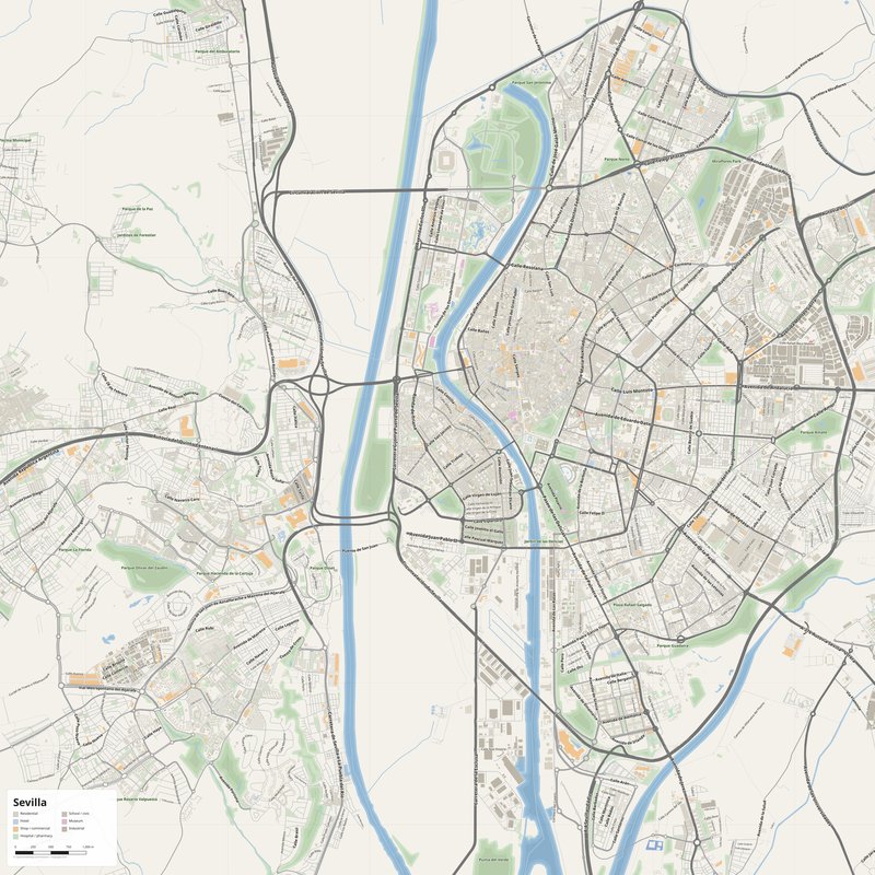 Sevilla Map PDF — Printable Street Map Poster with House Numbers