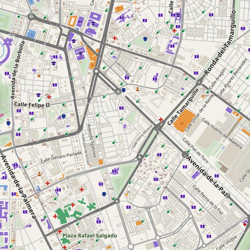 Sevilla map with house numbers, hospitals, police and fire stations — printable PDF, Spain