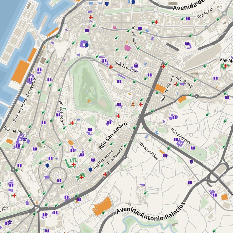 Vigo map with house numbers, hospitals, police and fire stations — printable PDF, Spain