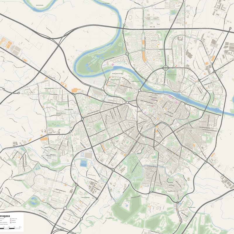 Zaragoza Map PDF — Printable Street Map Poster with House Numbers