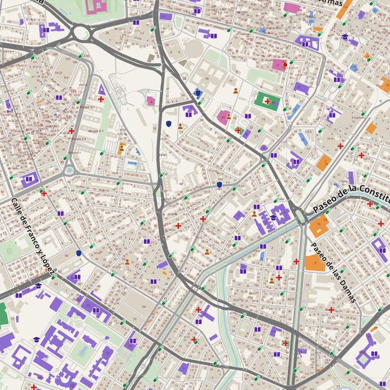 Zaragoza map with house numbers, hospitals, police and fire stations — printable PDF, Spain