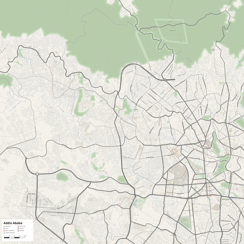Addis Ababa Map PDF — Printable Street Map Poster with House Numbers