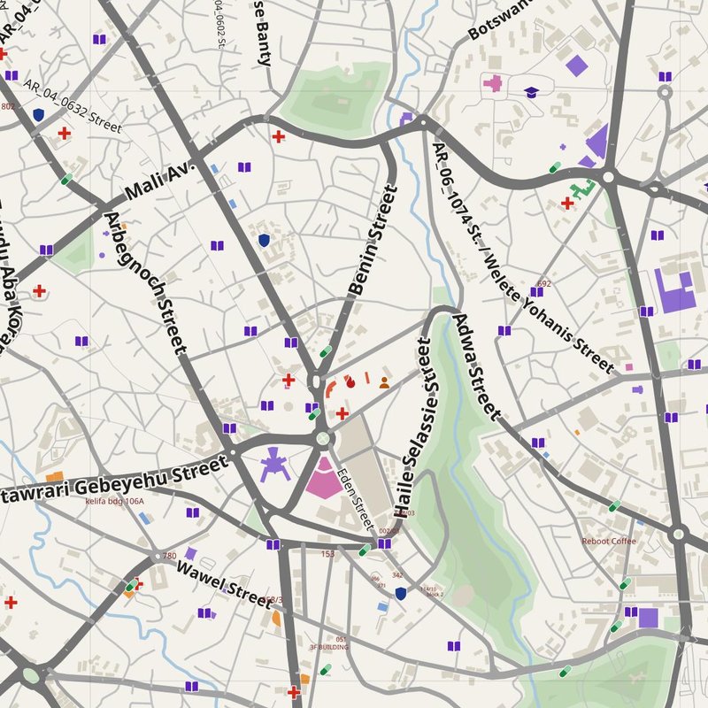 Addis Ababa map with house numbers, hospitals, police and fire stations — printable PDF, Ethiopia
