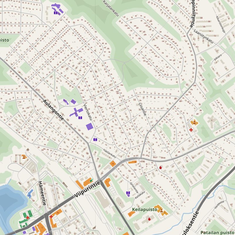 Hämeenlinna map with house numbers, hospitals, police and fire stations — printable PDF, Finland