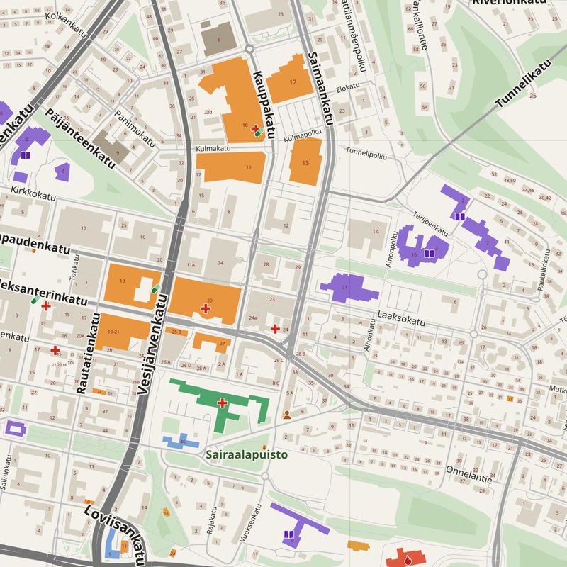 Hollola map with house numbers, hospitals, police and fire stations — printable PDF, Finland