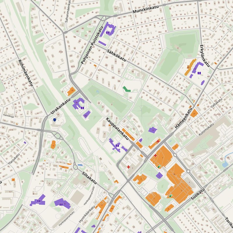 Hyvinge map with house numbers, hospitals, police and fire stations — printable PDF, Finland